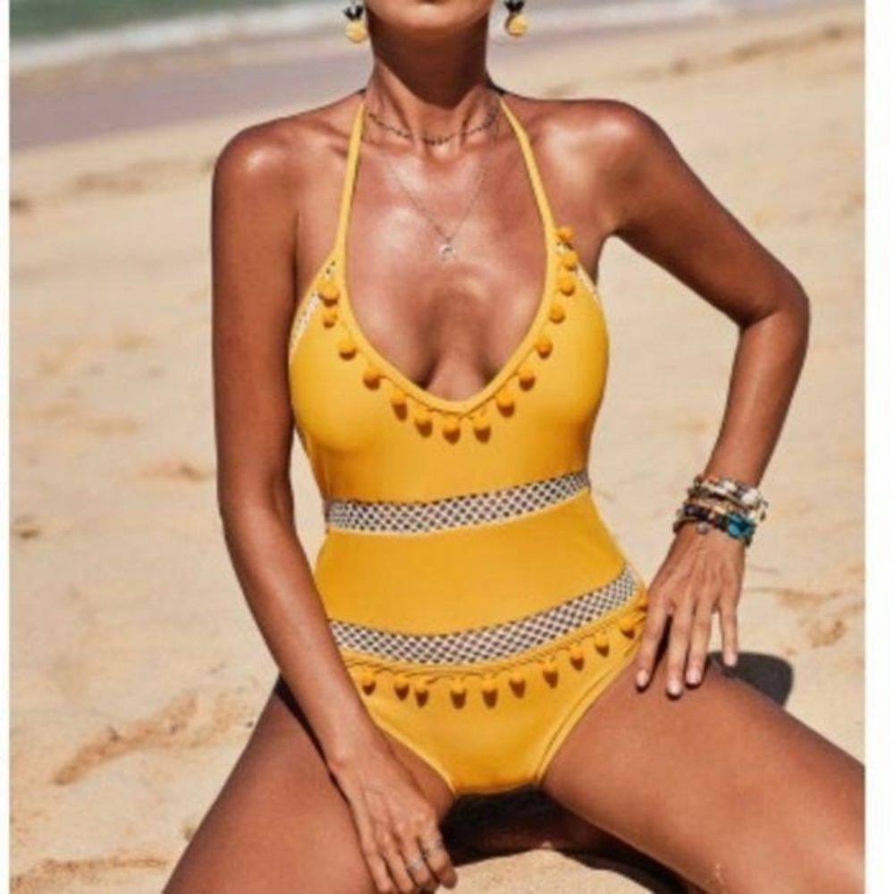 Lovey’s Boutique NEW Ember Yellow Pom Pom Mesh One Piece Swimsuit Size L